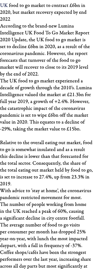 UK food to go market to contract  6bn in 2020, but market recovery expected by end 2022 According to the brand-new Lu   